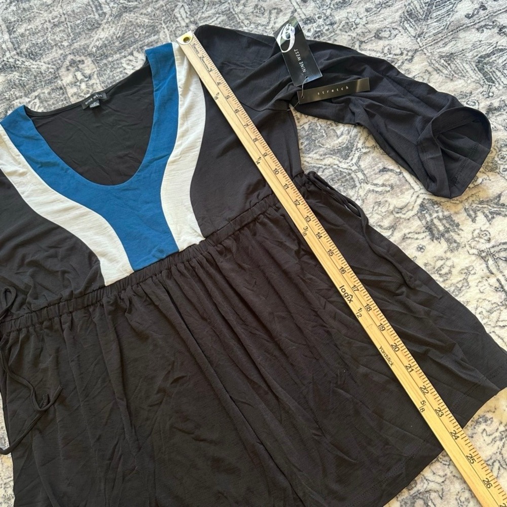 Vintage Y2K Nine West Colorblock V-Neck Tunic Top Black Blue Medium Cinch Waist - Picture 5 of 7